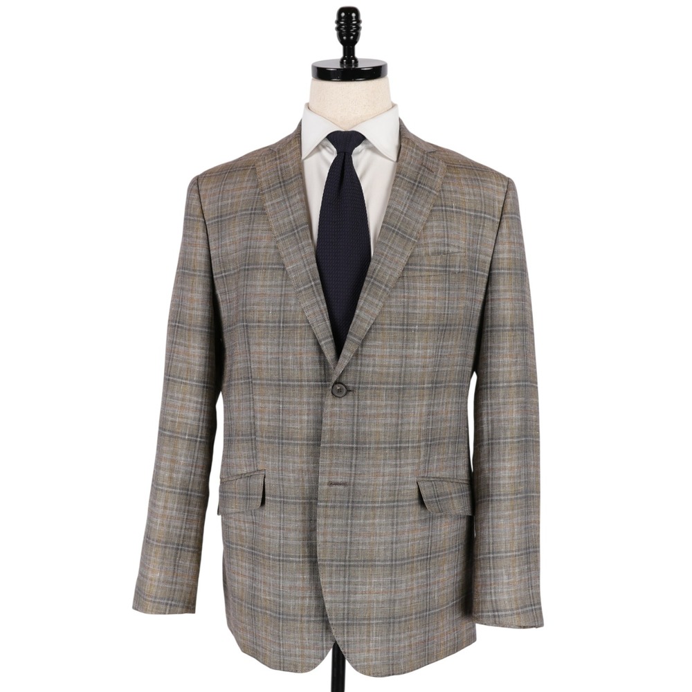 Johnston & Murphy Sport Coat Wool Linen Blend 42R Taupe Gray Tan Plaid Blazer